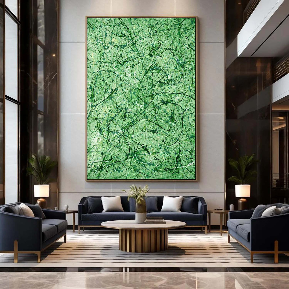 Hand-painted canvas showing green Pollock-inspired drips with layered black marks, displayed in a living room.