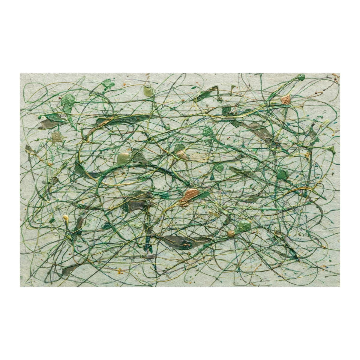 Thin looping green lines and small ochre marks overlap a pale cream textured ground.