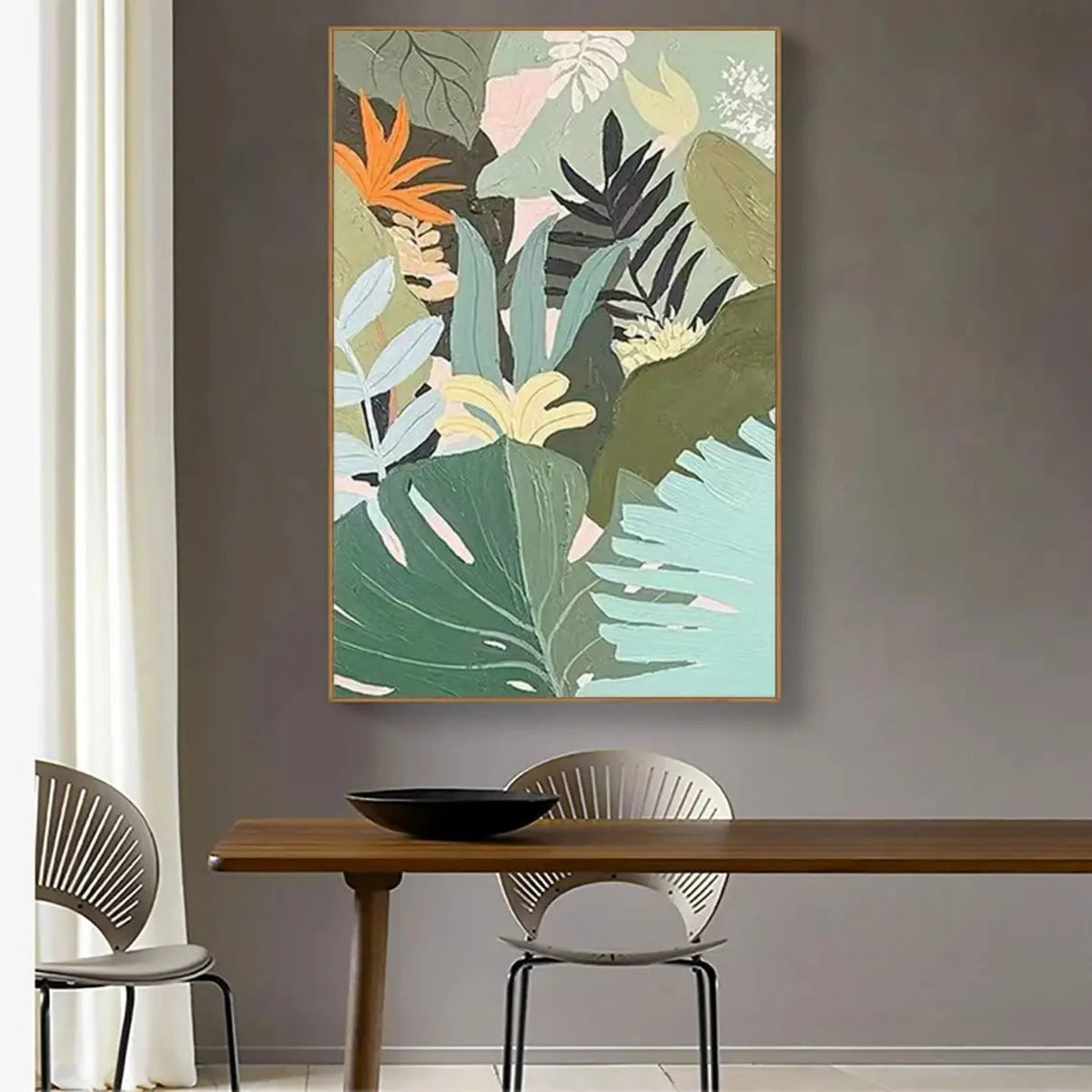 Room mockup showing layered tropical leaves in sage, mint, olive and dark green with a bright orange flower and pale pink shapes.