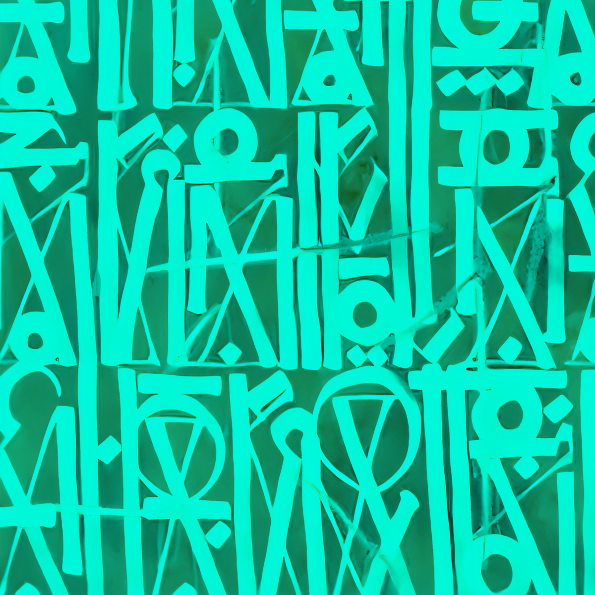 Close-up of turquoise geometric symbols and stylised letterforms on a green background.
