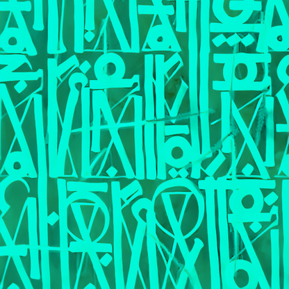 Close-up of turquoise geometric symbols and stylised letterforms on a green background.