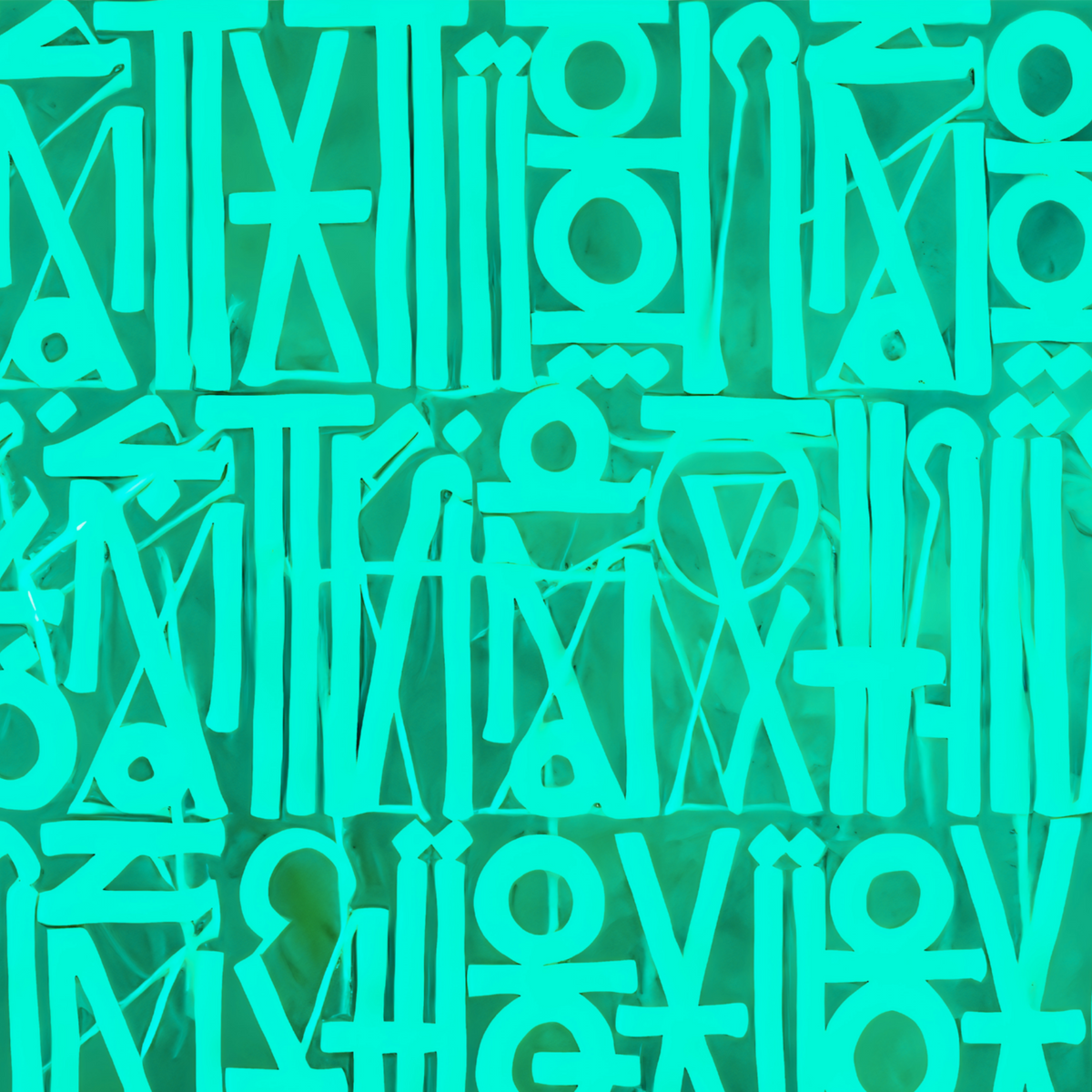 Close-up of turquoise geometric symbols and stylised letterforms on a green background.