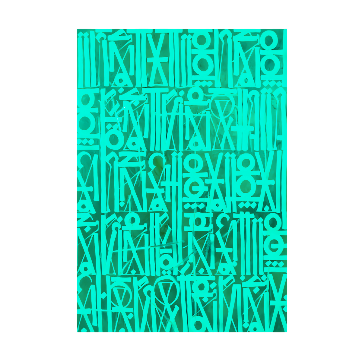 Turquoise geometric symbols and stylised letterforms in dense rows on a green background.