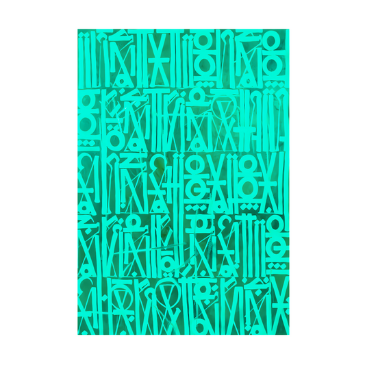 Turquoise geometric symbols and stylised letterforms in dense rows on a green background.