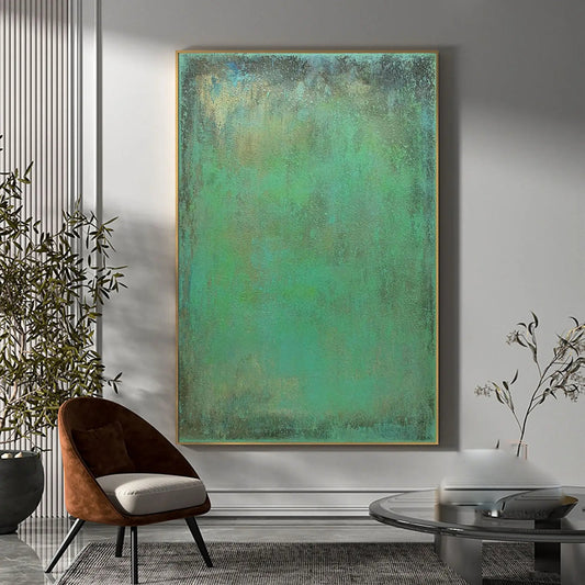 Room mockup. A broad green and turquoise field with mottled ochre and dark grey texture around the edges.
