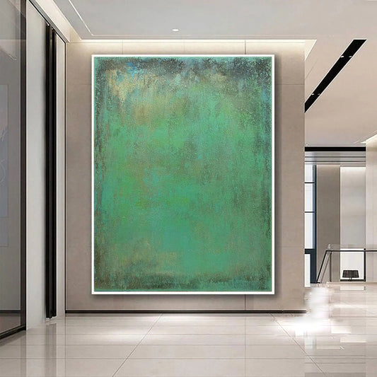 Room mockup. A broad green and turquoise field with mottled ochre and dark grey texture around the edges.