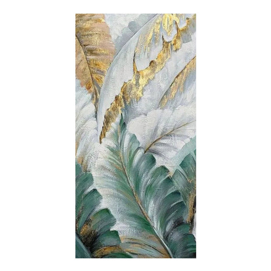Hand-painted tropical leaf abstract art with gold and green tones on canvas titled Golden Botanical Serenity
