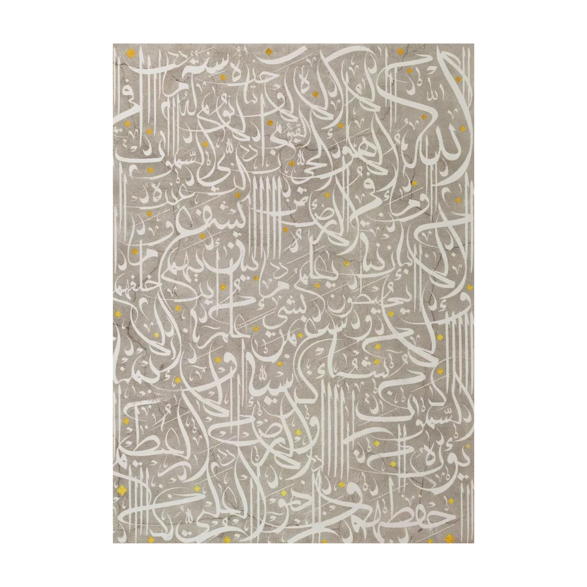 Hand-painted canvas showing flowing white script and small gold accents across a textured grey ground.