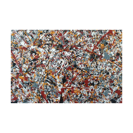 Hand-painted canvas showing red, black, white and ochre splashes interwoven across a grey-toned ground.