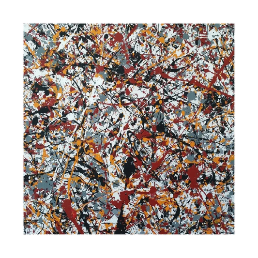 Square crop showing red, black, white and ochre splashes interwoven across a grey-toned ground.