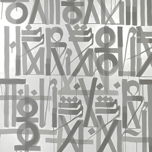 Detail of grey abstract glyphs and brushstrokes arranged across a white ground.