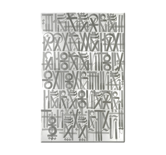 Hand-painted canvas showing grey abstract glyphs and brushstrokes arranged across a white ground.