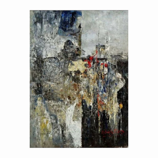Textured grey and black abstract cityscape with dense dark vertical forms and scattered red and yellow marks.