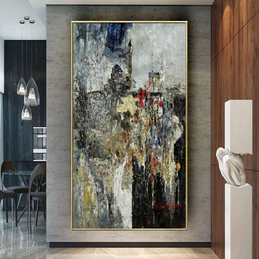 Room mockup showing textured grey and black abstract cityscape with dense dark vertical forms and scattered red and yellow marks.
