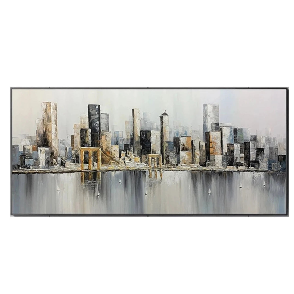 Slender grey and black city towers with gold-coloured accents reflected in a soft grey foreground.