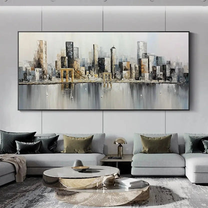 Room mockup showing slender grey and black city towers with gold-coloured accents reflected in a soft grey foreground.