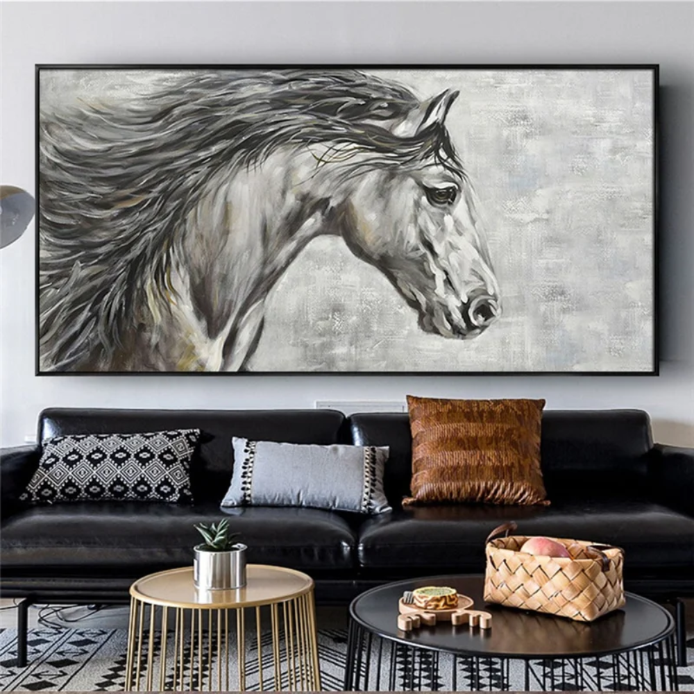 Room mockup showing grey horse head in profile with a long flowing black mane against a softly mottled light grey background.