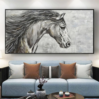 Room mockup showing grey horse head in profile with a long flowing black mane against a softly mottled light grey background.