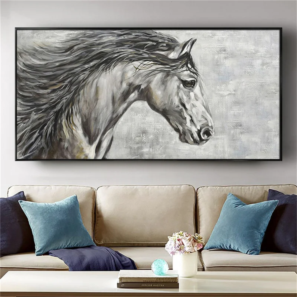Room mockup showing grey horse head in profile with a long flowing black mane against a softly mottled light grey background.