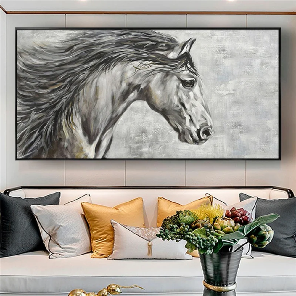 Room mockup showing grey horse head in profile with a long flowing black mane against a softly mottled light grey background.