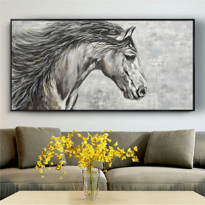 Room mockup showing grey horse head in profile with a long flowing black mane against a softly mottled light grey background.