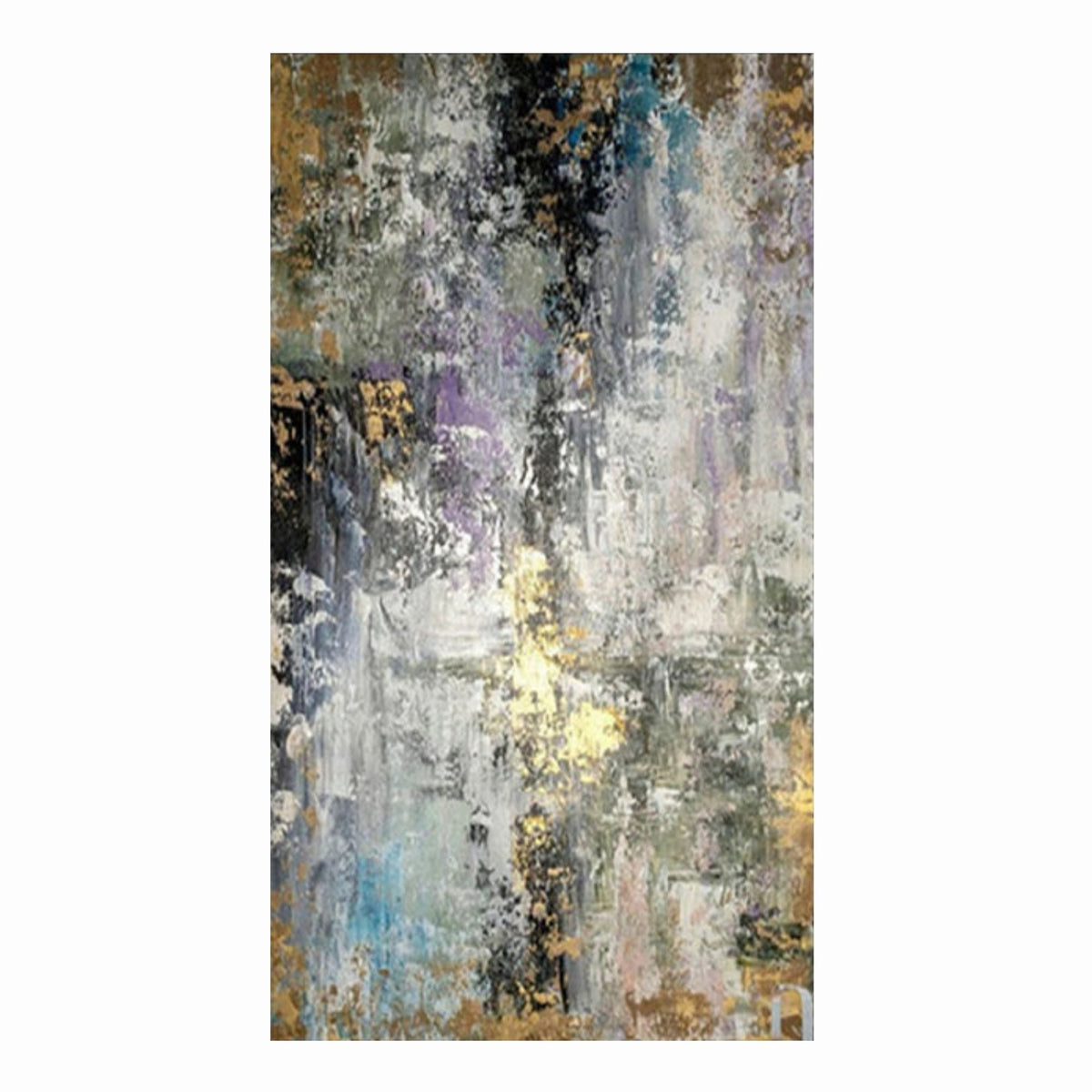 Mottled grey, black and white abstract painting with muted ochre, pale yellow, blue and lavender accents.