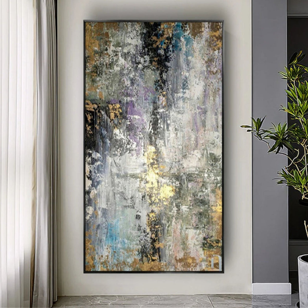 Room mockup showing mottled grey, black and white abstract painting with muted ochre, pale yellow, blue and lavender accents.