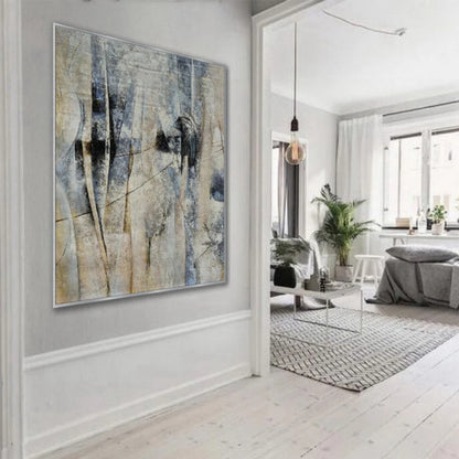 Room mockup showing fine linear marks and elongated dark forms over mottled pale blue, grey and beige.