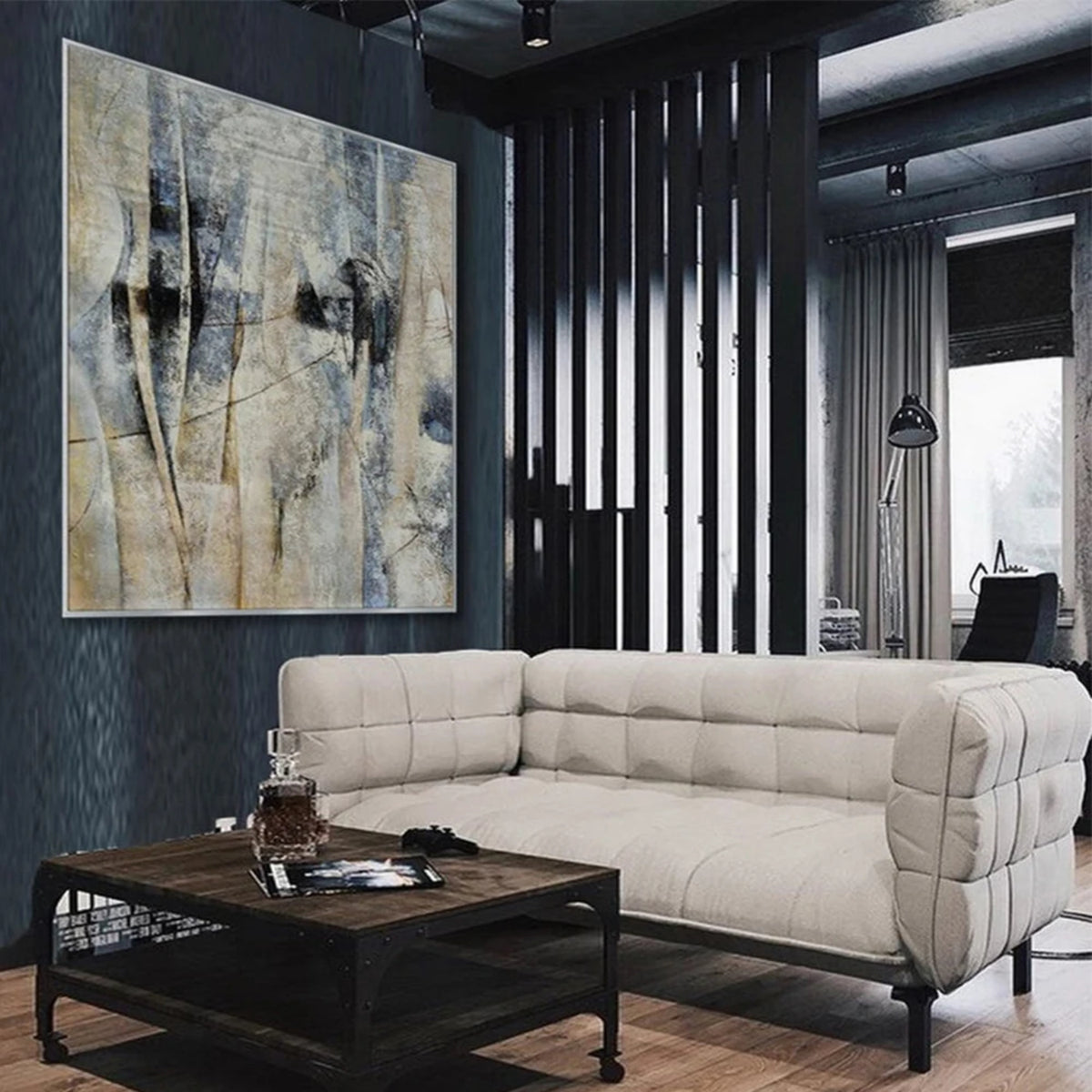 Room mockup showing fine linear marks and elongated dark forms over mottled pale blue, grey and beige.