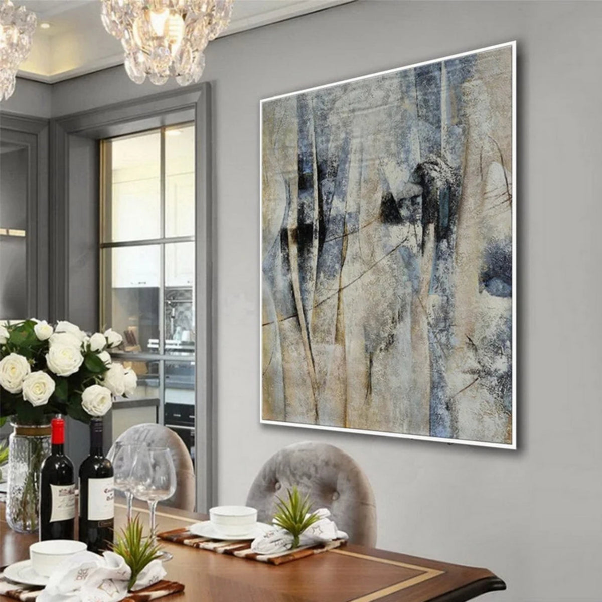 Room mockup showing fine linear marks and elongated dark forms over mottled pale blue, grey and beige.