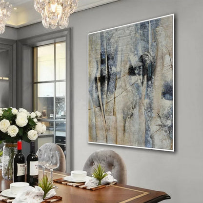 Room mockup showing fine linear marks and elongated dark forms over mottled pale blue, grey and beige.