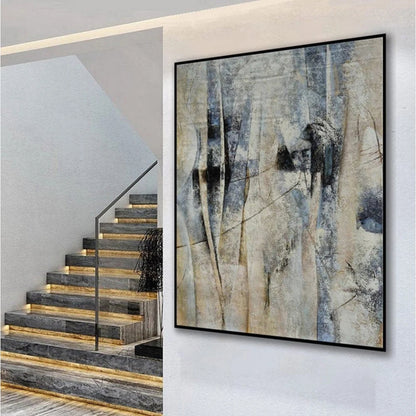 Room mockup showing fine linear marks and elongated dark forms over mottled pale blue, grey and beige.