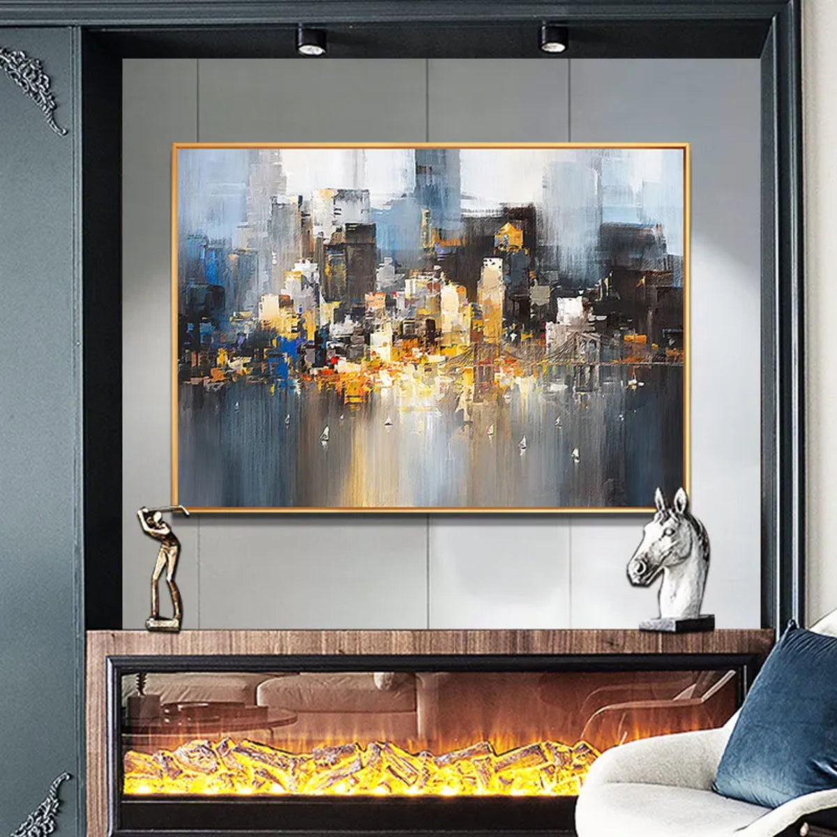 Room mockup showing abstract city-like blocks in grey, blue, black and gold-coloured tones reflected across a pale lower area.