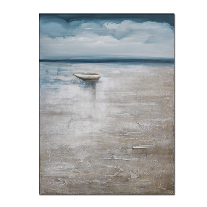 Small pale boat on calm grey water beneath a dark blue horizon and a cloudy blue-grey sky.