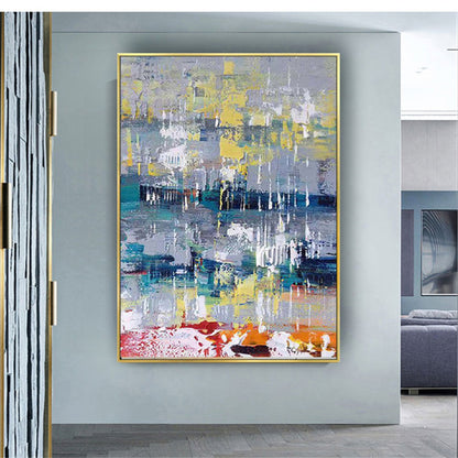 Room mockup. Layered grey, blue and white strokes with yellow accents and a red-orange strip near one edge.