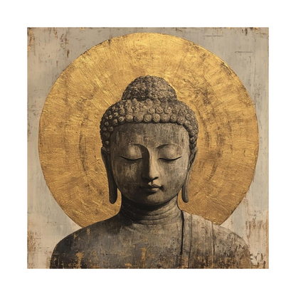 Grey Buddha portrait with closed eyes against a broad gold-toned circular halo.