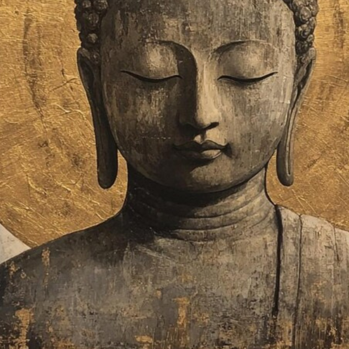 Detail of the calm Buddha face and stone-like grey textures.