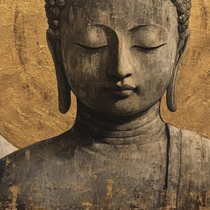 Detail of the calm Buddha face and stone-like grey textures.