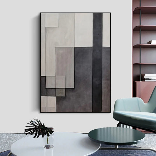 Room mockup. Layered cream, grey and charcoal rectangles with fine outlines form a restrained geometric composition.