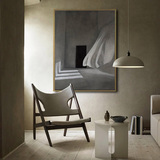 Room mockup showing grey interior with a dark rectangular doorway, steps and a flowing white curtain lit from the side.