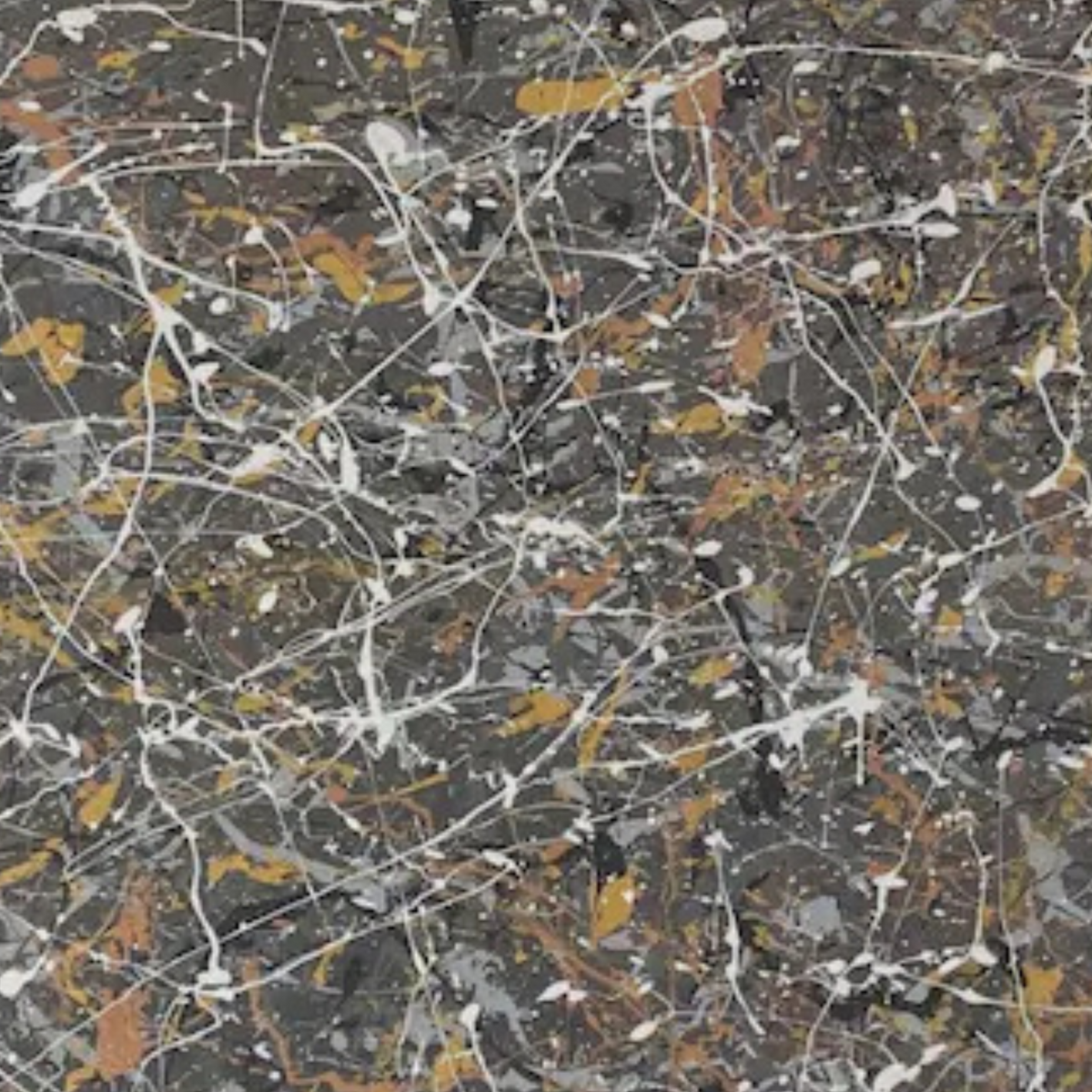 Detail of fine gold and white drips spreading across a dark grey ground.