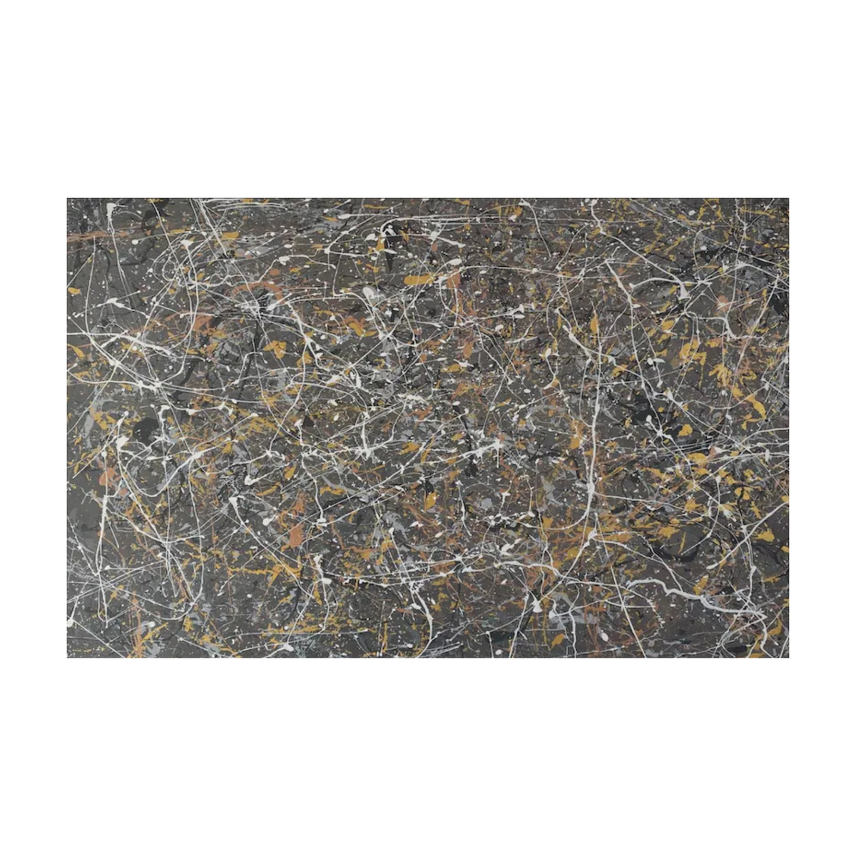 Hand-painted canvas showing fine gold and white drips spreading across a dark grey ground.