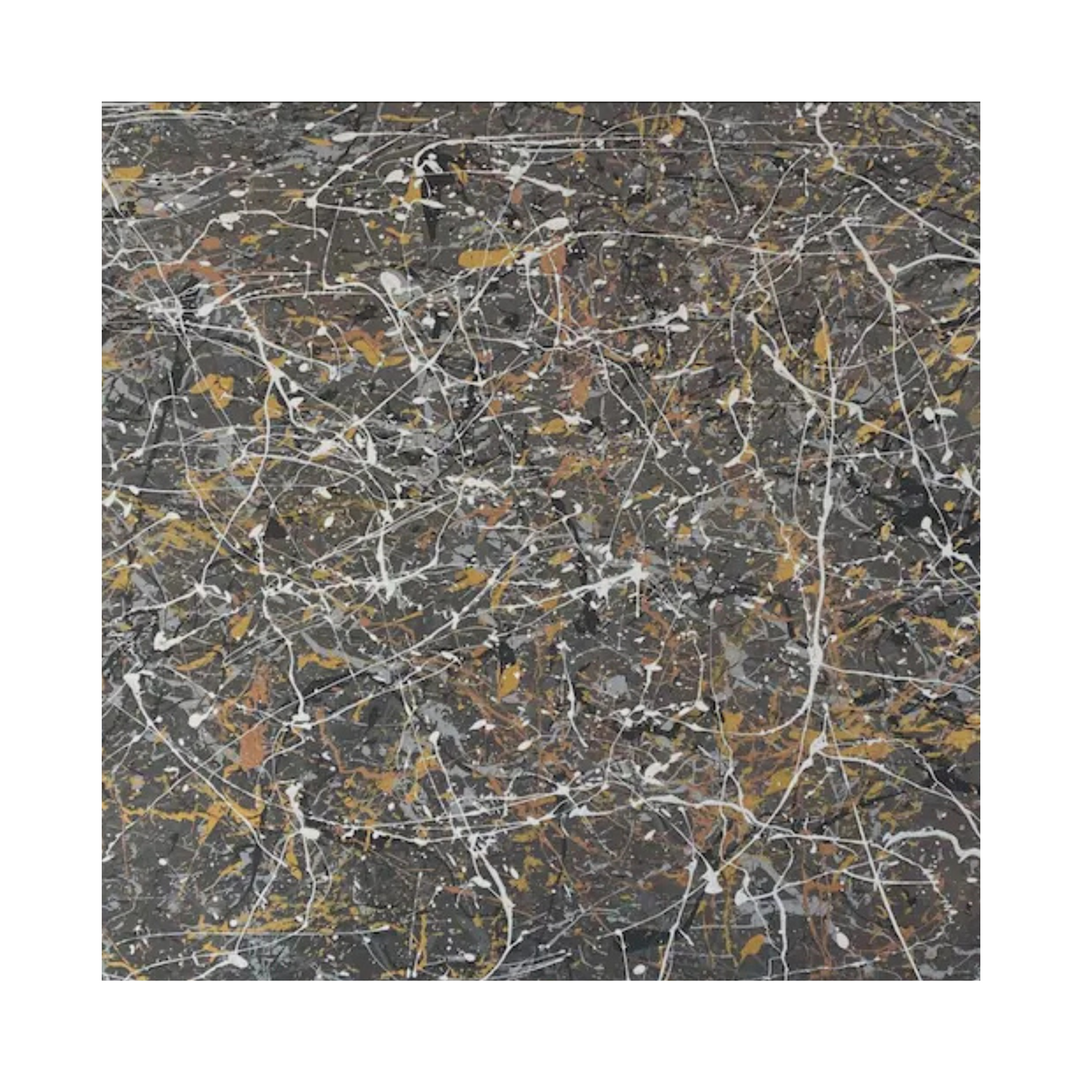 Square crop showing fine gold and white drips spreading across a dark grey ground.