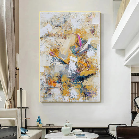 Room mockup showing layered white, grey and gold-coloured marks with angular pink, blue and orange accents.