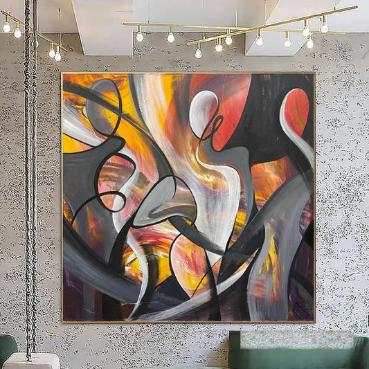 Room mockup showing sweeping black and grey abstract figures with orange, yellow and red accents.