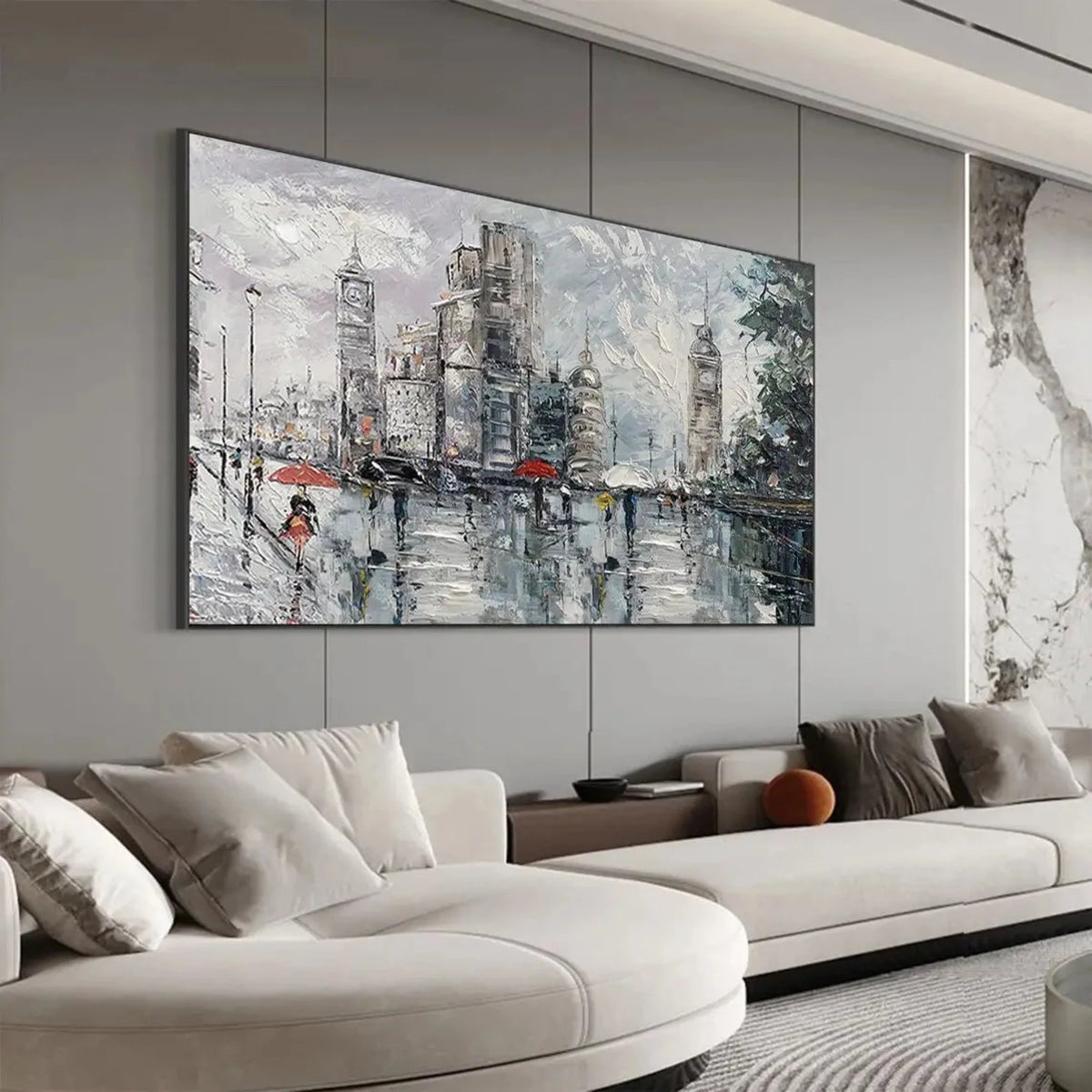 Room mockup showing rainy grey city street with tall buildings, small figures carrying umbrellas, red accents and wet reflections.