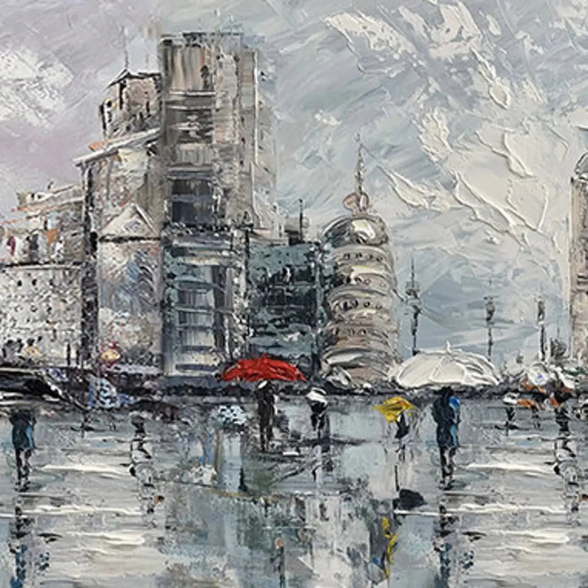 Close-up of rainy grey city street with tall buildings, small figures carrying umbrellas, red accents and wet reflections.