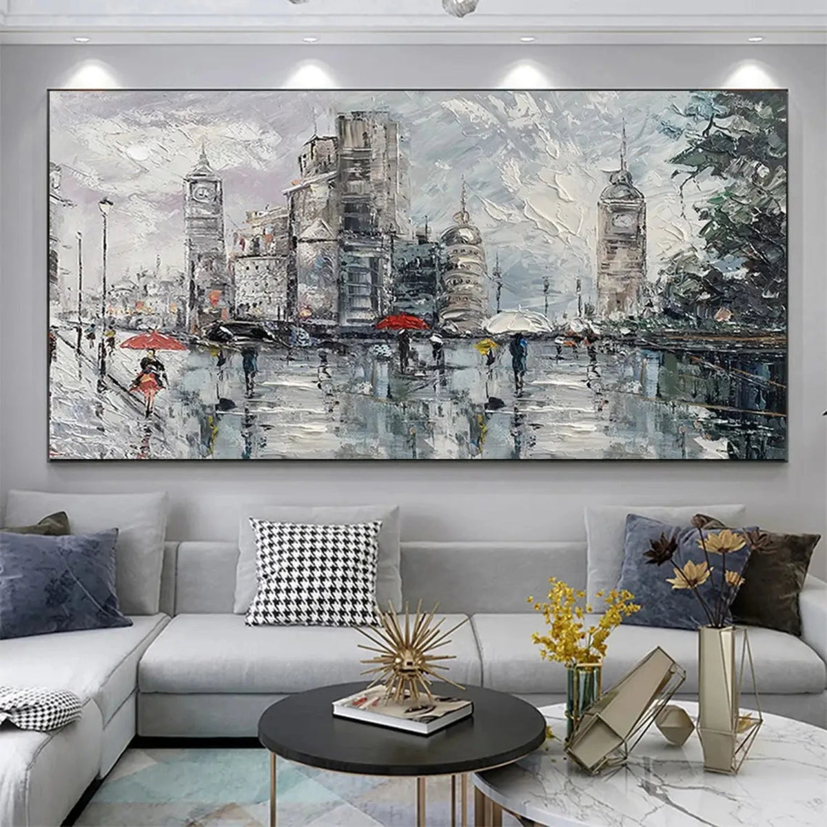 Room mockup showing rainy grey city street with tall buildings, small figures carrying umbrellas, red accents and wet reflections.