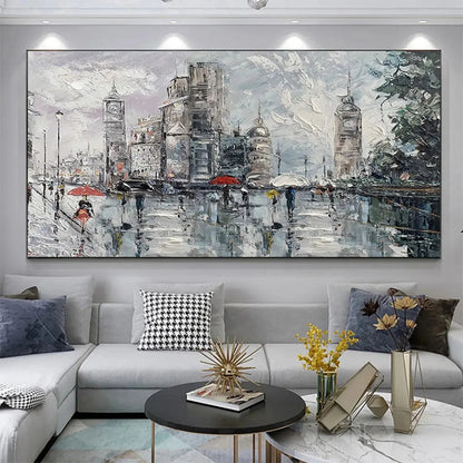 Room mockup showing rainy grey city street with tall buildings, small figures carrying umbrellas, red accents and wet reflections.