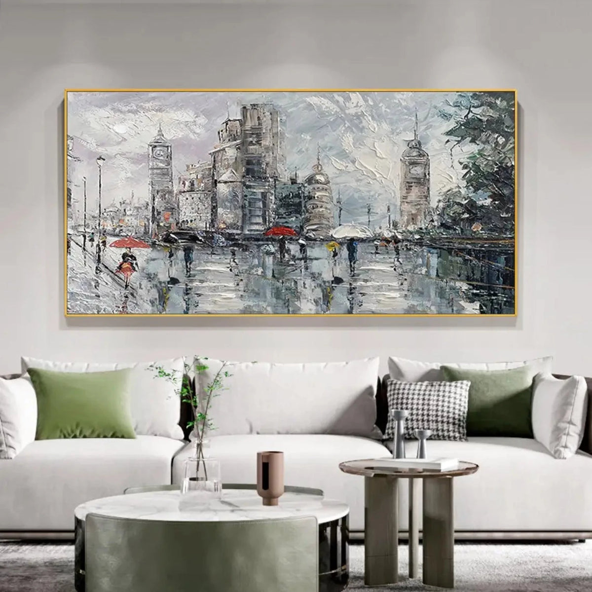 Room mockup showing rainy grey city street with tall buildings, small figures carrying umbrellas, red accents and wet reflections.